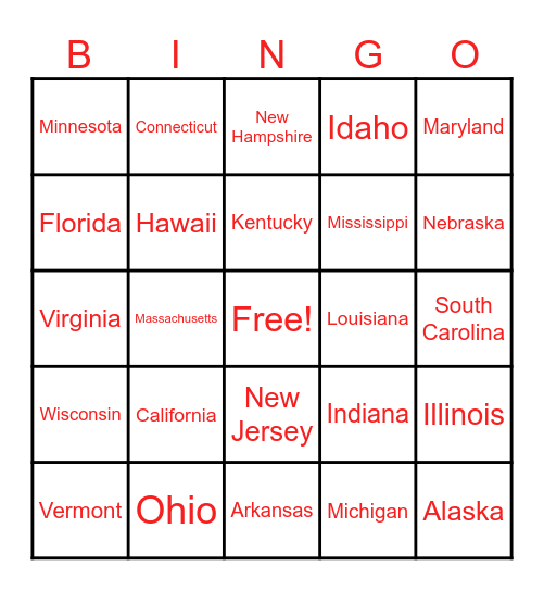 50 States Bingo Card