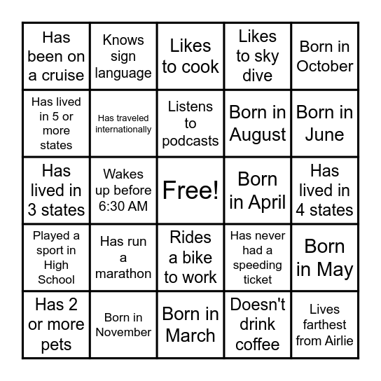 Coworker Team Building Bingo Card