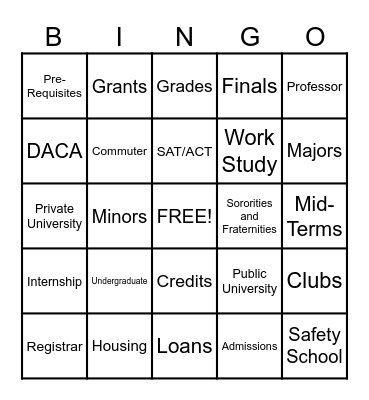 College Bingo Card
