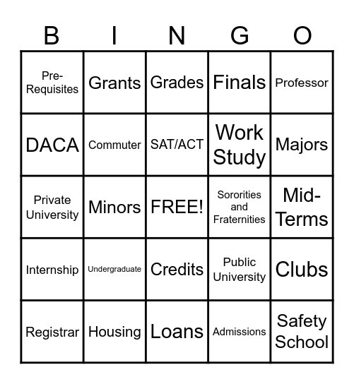 College Bingo Card