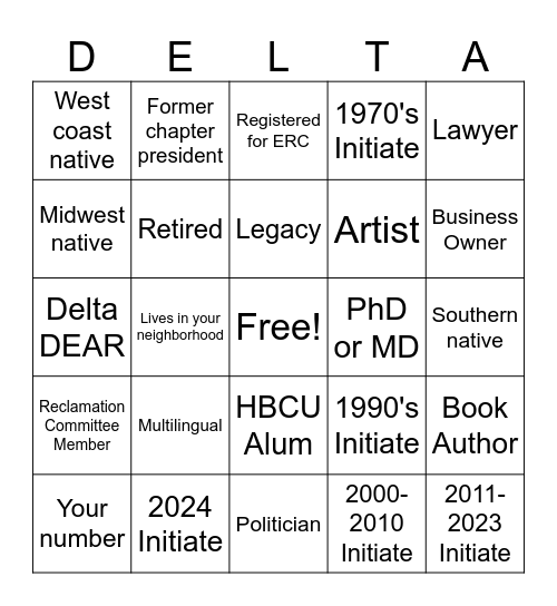 Delta Sigma Theta Sorority, Inc. Bingo Card