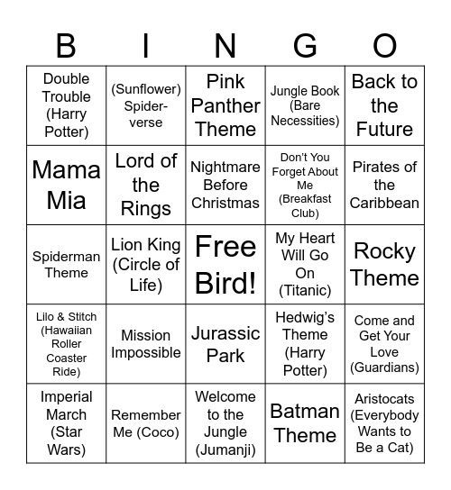 Movie Themes Bingo Card