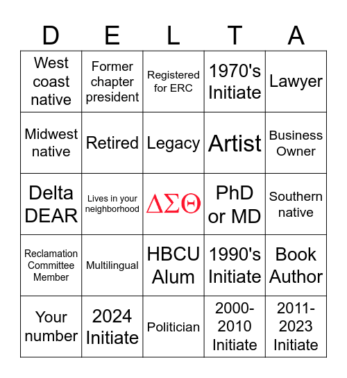 Delta Sigma Theta Sorority, Inc. Bingo Card