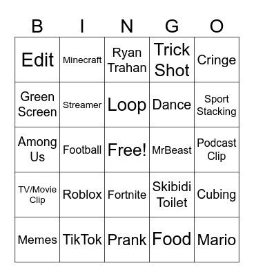 YT Shorts Bingo Card