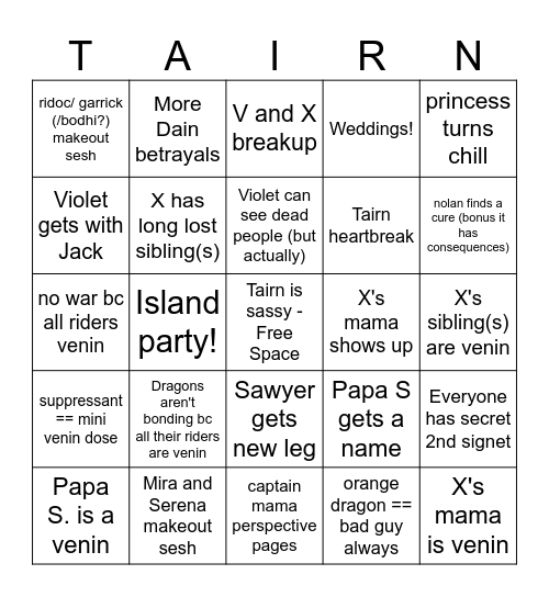 Yarros Prediction Bingo Card