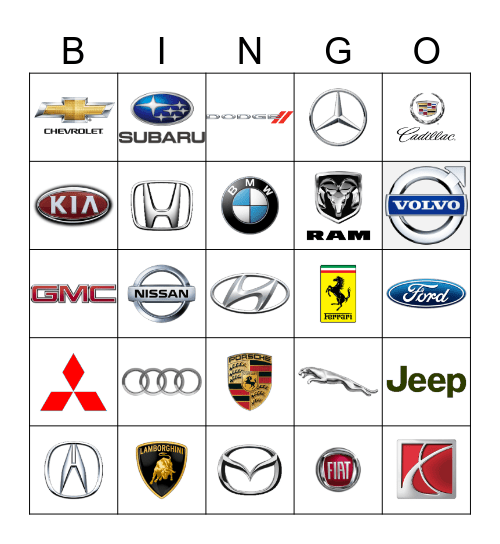 Cars Bingo Card