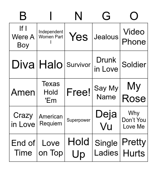 Beyonce Bingo Night Bingo Card