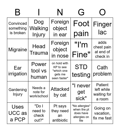 Urgent Care PAR Bingo Card