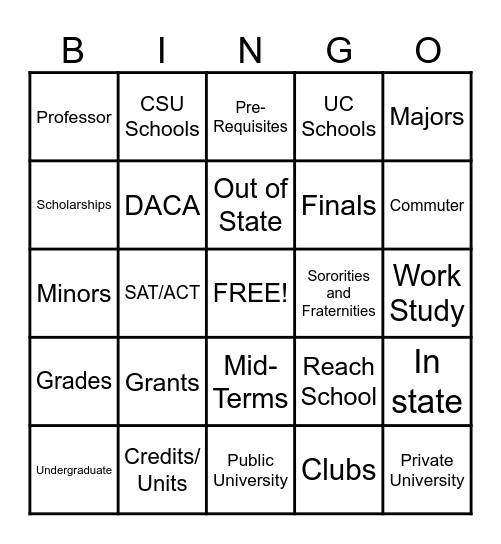 College Bingo Card