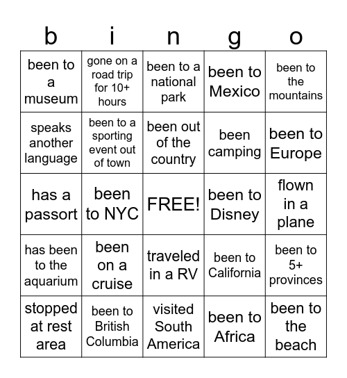 TRAVEL Bingo Card