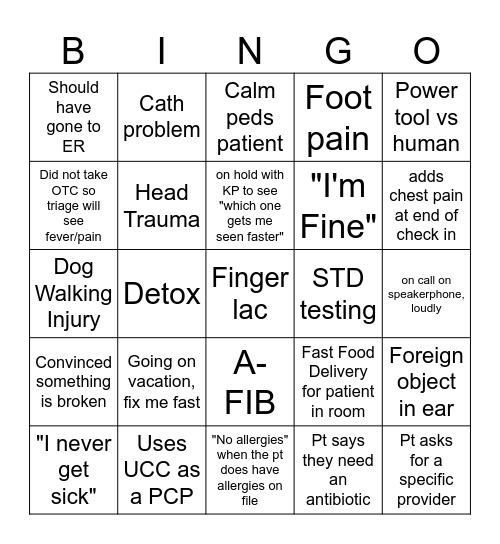 Urgent Care PAR Bingo Card