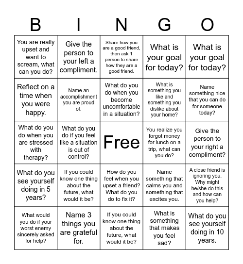 Emotional Regulation Bingo Card