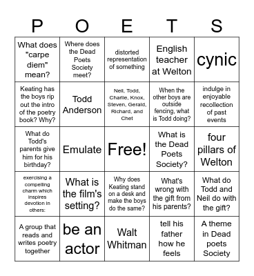 Dead Poets Society Bingo Card