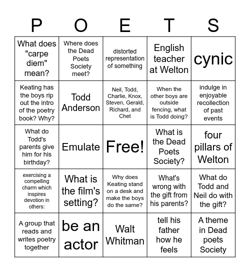 Dead Poets Society Bingo Card