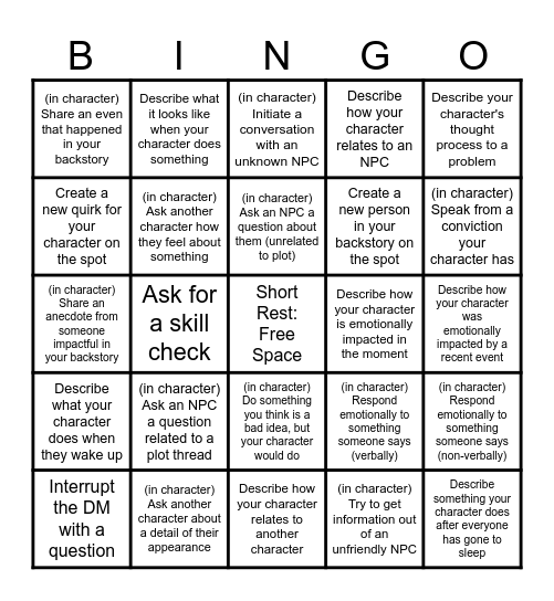 Role-Play Chaos Bingo! Bingo Card