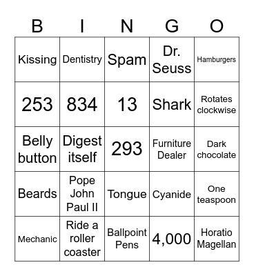 Useless Trivia Bingo Card