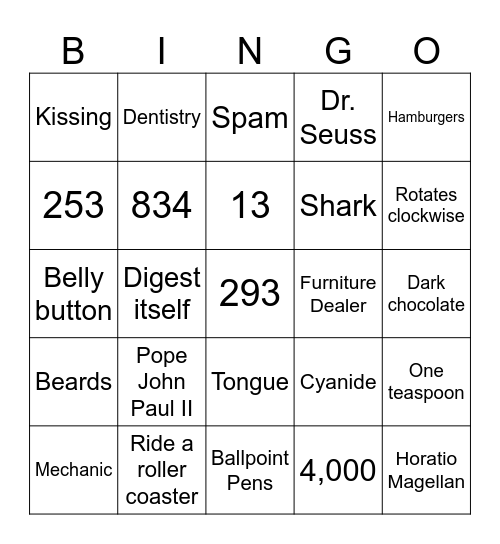 Useless Trivia Bingo Card