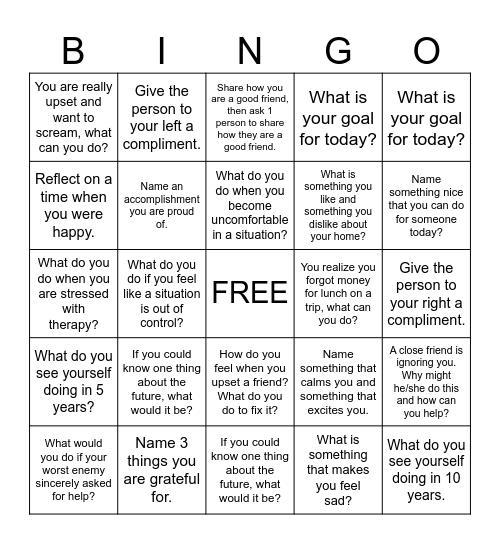 Emotional Regulation Bingo Card