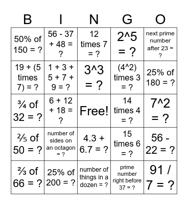 MathCounts Bingo Card