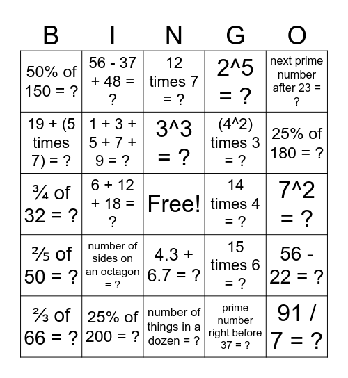 MathCounts Bingo Card