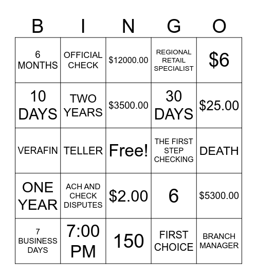 BANK BINGO Card