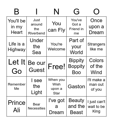 Disney Songs Bingo Card