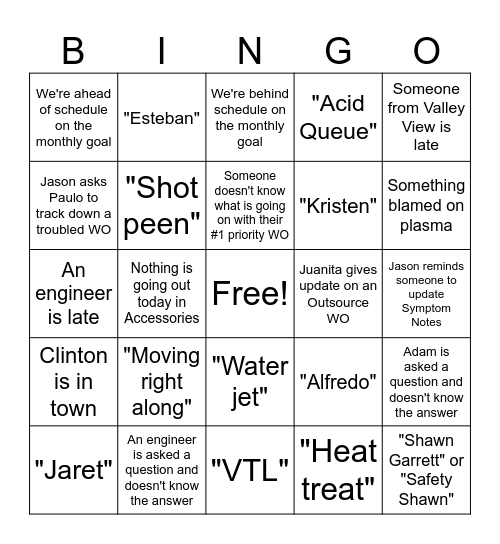 Production Meeting Bingo Card