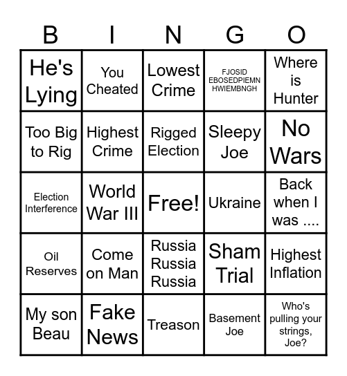 Trump/Biden Debate Bingo Card