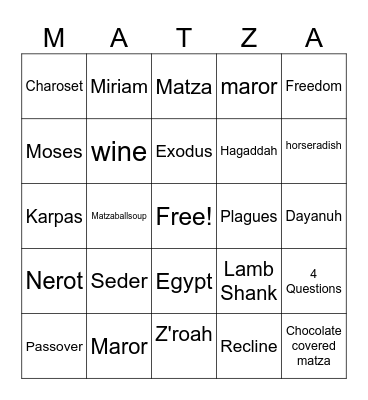 Matza Bingo Card