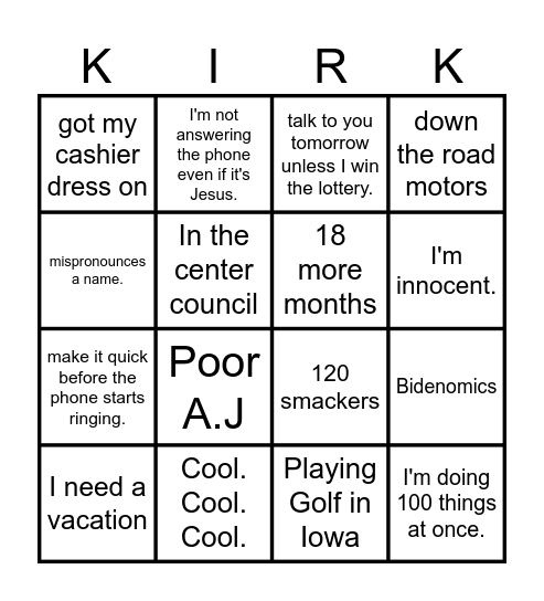 Kirk Bingo Card