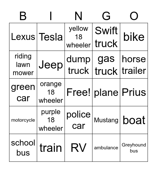 Vehicle Bingo Card