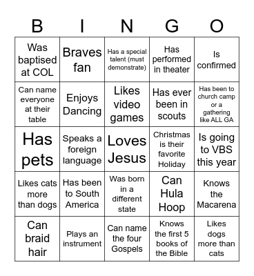 COL Ice Breker Bingo Card