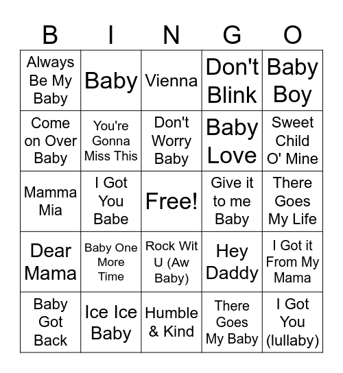 Baby Song Bingo Card