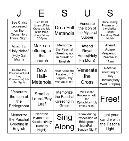 Holy Week JESUS Bingo Card
