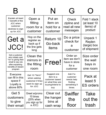 J Crew Bingo Card
