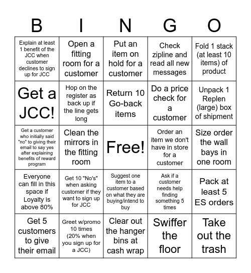 J Crew Bingo Card