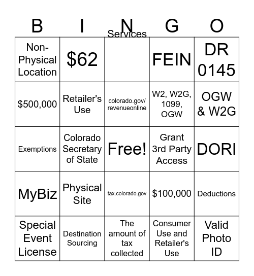 Major Tax Bingo Card