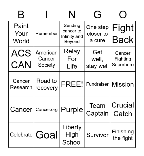 LHS Relay For Life BINGO Card