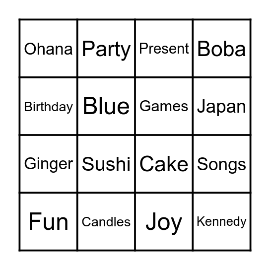 Kennedy's Birthday Bingo Card