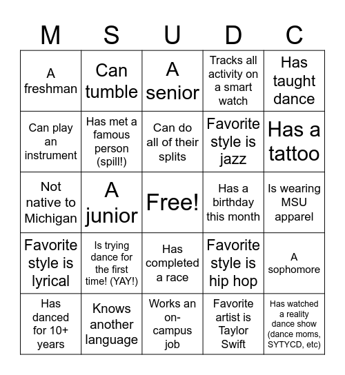 MSU Dance Club 2024-2025 Bingo! Bingo Card