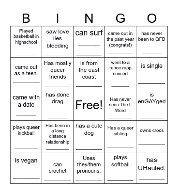 ~~~~~~~Queer Field Day ~~~~~~~ Find someone who.... Bingo Card