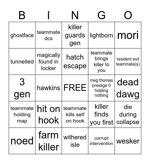 DBD Bingo Card