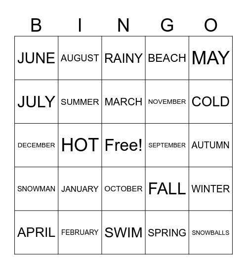 MONTHS OF THE YEAR AND SEASONS Bingo Card
