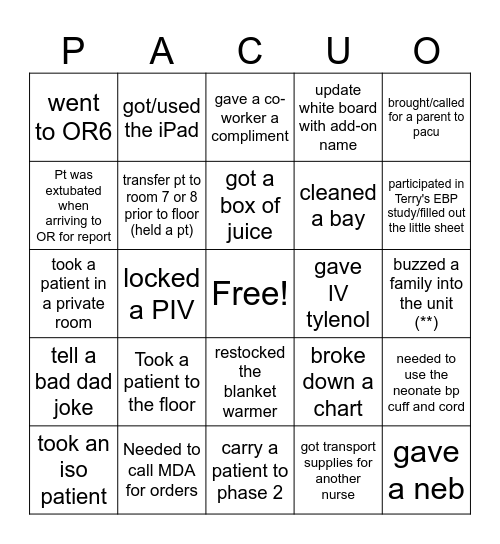 PACUO Bingo Card