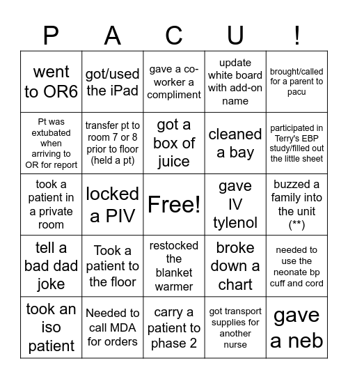 PACU! Bingo Card