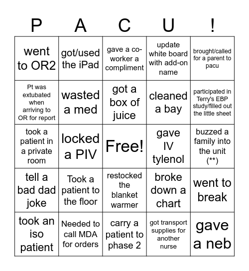 PACU! Bingo Card