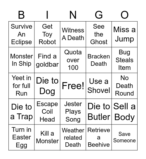 Lethal Company Bingo Card