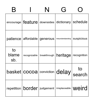 Vocabulary revision Bingo Card