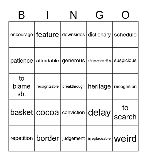 Vocabulary revision Bingo Card