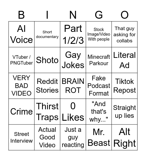 500 YT Shorts Bingo Card